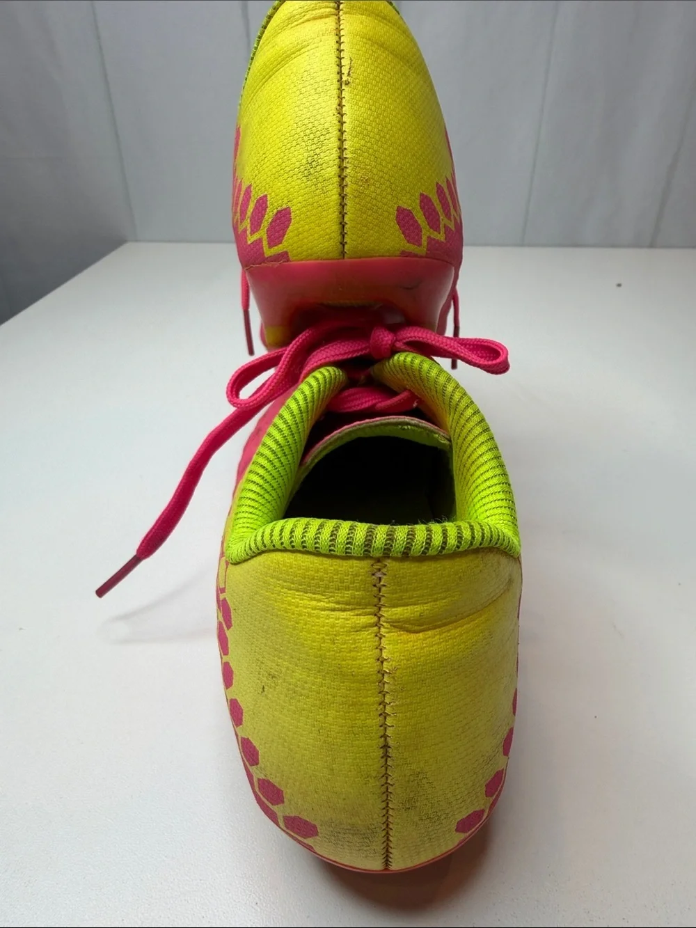 Bright Pink Athletic Cleats Shoes with Neon Yellow Back & Interior Kids size 2